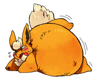 abdominal_bulge ambiguous_gender belly big_belly blush blush_lines feral inflation looking_aside motion_lines navel on_ground open_mouth raised_leg simple_background solo white_background x_navel utsuki_maito nintendo pokemon eeveelution flareon generation_1_pokemon pokemon_(species)