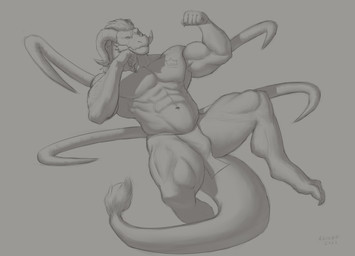 abs anthro bottomwear bulge cheek_spikes clothed clothing facial_spikes hair horn loincloth male male_anthro mouth_closed muscular muscular_anthro muscular_male navel pecs simple_background solo spikes spikes_(anatomy) tentacles topless aduran mythology arzolath dragon mythological_creature mythological_scalie scalie 2022 absurd_res dated hi_res monochrome shaded signature sketch