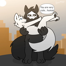 anthro blush blush_lines carrying_another carrying_partner duo fluffy latex male outside speech_bubble sunset text erimad changed_(video_game) lin_(changed) puro_(changed) canid canine canis goo_creature living_latex mammal wolf english_text hi_res