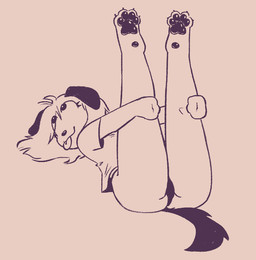 anthro butt claws clothing ears_down eyelashes female head_turned holding_legs_up legs_up looking_away lying on_back panties pivoted_ears presenting shirt solo t-shirt tongue topwear underwear funnysillydog canid canine canis domestic_dog mammal