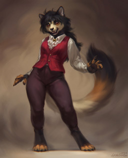 anthro black_body black_fur black_hair black_lips blood blood_in_mouth blood_on_face bodily_fluids bottomwear brown_bottomwear brown_clothing brown_pants clothed clothing female front_view fur glistening glistening_eyes hair lips open_mouth open_smile orange_body orange_fur pants red_clothing red_eyes red_topwear smile solo standing tan_body tan_fur topwear white_clothing white_topwear lostgoose felid mammal 2023 dated full-length_portrait hi_res portrait signature