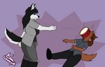 angry anthro clothed clothing drum duo falling female head_hit hit hit_in_face motion_lines musical_instrument percussion_instrument slam throwing_object violence lonnyk lani_(lonnyk) luka_loginska canid canine canis domestic_dog husky mammal nordic_sled_dog spitz hi_res