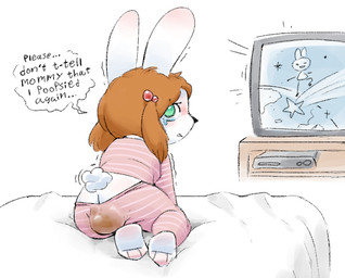 accessory anthro barefoot bed black_nose blush bodily_fluids brown_hair butt butt_cleavage clothing crying dialogue earth electronics feces feet female fur furniture green_eyes hair hair_accessory kneeling looking_at_viewer looking_back looking_back_at_viewer motion_lines on_bed open_mouth pajama_bottoms pajama_shirt pajamas pigtails pink_pajamas planet pooping rabbit_ears red_hair_accessory scut_tail short_tail soiling soiling_bottomwear soles solo speech_bubble tail talking_to_viewer tears television text twintails_(hairstyle) white_body white_fur white_tail young young_anthro young_female jubb lagomorph leporid mammal rabbit 2025 english_text