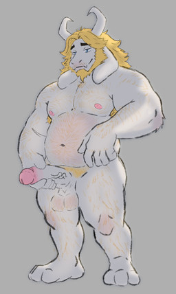 anthro armpit_hair balls belly body_hair genitals hairy horn male musclegut muscular nipples paws penis solo huskyralvar deltarune undertale undertale_(series) asgore_dreemurr bovid caprine goat mammal monster hi_res
