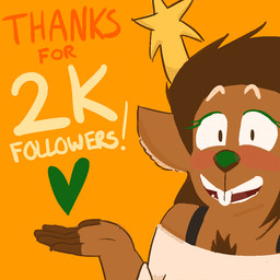 anthro antlers blush brown_body brown_fur brown_hair buckteeth chest_tuft clothed clothing female follower_number fur hair heart_symbol horn orange_background simple_background solo teeth text thanking tuft playdoe playdoe_(character) deer mammal new_world_deer reindeer 1:1 dithering english_text trans_(lore) trans_woman_(lore)
