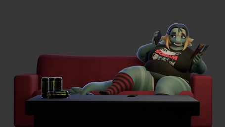 anthro belly big_breasts big_tail black_bottomwear black_clothing black_hair black_robe black_shirt black_shorts black_t-shirt black_topwear blonde_highlights bottomwear bouncing_breasts breasts clothed clothed_anthro clothed_female clothing dialogue duo electronics eyebrows female female_focus fingernails footwear furniture green_body green_skin grey_background hair highlights_(coloring) holding_knife holding_object holding_phone hooded_cloak huge_breasts huge_tail huge_thighs jiggle_physics knife legwear long_socks long_tail male mask nails obese obese_anthro obese_female on_sofa overweight overweight_anthro overweight_female pattern_clothing pattern_footwear pattern_legwear pattern_socks phone robe shirt shorts simple_background sitting sitting_on_sofa socks sofa striped_clothing striped_footwear striped_socks stripes t-shirt tail thick_eyebrows thick_tail thick_thighs topwear white_mask jauntyweb sound_warning kotinkov_(modeler) monster_energy scary_movie scream_(films) courtney_(jauntyweb) ghostface_(scream) ambiguous_species dinosaur dromaeosaurid humanoid prehistoric_species reptile saurischian scalie theropod utahraptor 16:9 2026 3d_(artwork) 3d_animation animated digital_media_(artwork) english_audio short_playtime sound video voice_acted widescreen