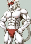 abs anthro asian_clothing biceps big_muscles bulge clothed clothing east_asian_clothing eye_patch eyewear fundoshi fur goggles green_eyes huge_muscles japanese_clothing leucistic looking_at_viewer male muscular muscular_anthro muscular_male nipples pecs solo tail topless underwear white_body white_fur harusuke bemani konami pop'n_music shishiwaka_(pop'n_music) felid lion mammal pantherine hi_res