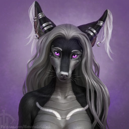 anthro black_body black_fur ear_piercing ear_ring eyelashes female female_anthro front_view fur glistening glistening_eyes grey_body grey_hair grey_scales hair logo long_hair looking_at_viewer markings mouth_closed nude piercing purple_eyes ring_piercing scales simple_background solo text whiskers white_markings himeragoldtail canid canine hybrid mammal scalie 1:1 2025 artist_logo bust_portrait detailed hi_res icon portrait url