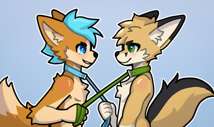 anthro arm_tuft black_nose blue_collar blue_eyes blue_hair cheek_tuft clenched_teeth collar collar_only duo ear_markings elbow_tuft eyebrows eyelashes facial_tuft fluffy fluffy_tail fur gloves_(marking) hair leash leash_pull male male/male markings nude orange_body orange_fur simple_background smile smug standing tail tail_markings tan_body tan_fur tan_hair teeth tuft noxymint avery_(suheugene) canid canine canis domestic_dog fennec_fox fox herding_dog mammal pastoral_dog true_fox welsh_corgi 2026 digital_drawing_(artwork) digital_media_(artwork) hi_res