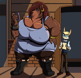 anthro big_breasts black_boots black_clothing black_footwear boots bracelet breasts brown_body brown_fur brown_hair cleavage clothed clothing ear_piercing ear_ring eyebrow_piercing facial_piercing female footwear fur green_eyes hair huge_breasts jewelry larger_female male obese obese_anthro obese_female outside overweight overweight_anthro overweight_female piercing ring_piercing shoes size_difference smaller_male solo thick_thighs wide_hips volkenfox breanne_(volkenfox) simon_(volkenfox) bear mammal 2015 colored digital_drawing_(artwork) digital_media_(artwork) hi_res