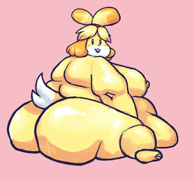 anthro back_rolls beady_eyes belly belly_on_ground belly_rolls big_belly big_breasts big_butt blonde_hair breasts butt dipstick_tail fat_arms feet female hair hair_bun huge_belly huge_butt looking_at_viewer markings morbidly_obese morbidly_obese_anthro morbidly_obese_female nipples nude obese obese_anthro obese_female open_mouth overweight overweight_anthro overweight_female pink_background rear_view simple_background sitting solo tail tail_markings thick_thighs yellow_body noctoon animal_crossing nintendo isabelle_(animal_crossing) canid canine canis domestic_dog mammal shih_tzu toy_dog 2021 digital_drawing_(artwork) digital_media_(artwork) full-length_portrait hi_res portrait signature