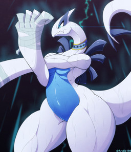 5_fingers anthro anthrofied blue_body blue_countershading blue_eyes blue_tail countershade_torso countershading female fingers hand_wraps huge_hips huge_thighs muscular muscular_anthro muscular_female pokemorph raining small_waist solo tail thick_thighs wet wet_body white_body white_tail wide_hips wraps arskie198 nintendo pokemon generation_2_pokemon legendary_pokemon lugia pokemon_(species) absurd_res hi_res