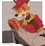 absurd_res anthro bottomwear bottomwear_down canid canine clothed clothing duo erection fast_food_employee fast_food_uniform food food_fetish food_on_penis food_play fox fully_clothed genitals hat headgear headwear hi_res hot_dog_bun humanoid_genitalia humanoid_penis ketchup male male/male mammal mustard mustard_bottle nick7005 pants pants_down partially_clothed penis red_clothed shirt shirtless tongue tongue_out topwear