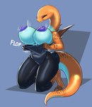 anthro areola big_breasts bodysuit bouncing_breasts breasts clothed clothing exposed_breasts eyes_closed female huge_breasts kneeling nipples orange_body skinsuit solo tail teeth tight_clothing topless undressing artlegionary alien wurae hi_res