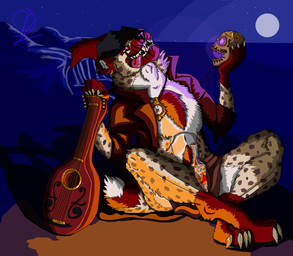 alcohol anthro bard beverage biped bone bottomwear chest_tuft clothed clothing crossed_legs ear_piercing grin hat headgear headwear jacket laugh loincloth lute male musical_instrument open_clothing open_shirt open_topwear outside piercing plucked_string_instrument shirt sitting skull smile solo spots string_instrument tongue tongue_out topwear tuft kadisurmik gnoll hyena mammal spotted_hyena absurd_res hi_res