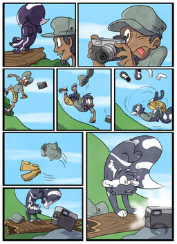 after_transformation ambiguous_gender border bottomwear camera camera_flash camera_shot clothing duo feral handstand hat headgear headwear hill human_to_feral log male plant rock rolling shirt shorts shrub species_transformation topwear transformation wardrobe_malfunction white_border wood trevor-fox shadowfox014 human mammal mephitid skunk spotted_skunk comic