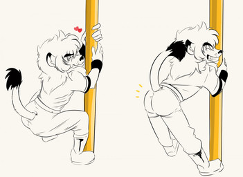 anthro butt clothing dancing male mascot pole pole_dancing presenting presenting_hindquarters simple_background smile white_background maverickk nippon_professional_baseball saitama_seibu_lions leo_(saitama_seibu_lions) felid lion mammal pantherine