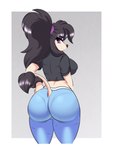 anthro arm_tuft big_breasts big_butt black_hair bottomwear breasts butt camel_toe clothing eyeshadow female hair looking_at_viewer makeup pants ponytail purple_eyes purple_eyeshadow rear_view simple_background solo tail tail_tuft tight_bottomwear tight_clothing tight_pants tuft underwear_outline wrist_tuft yoga_pants zelripheth alys_faiblesse_(zelripheth) canid canine canis domestic_dog mammal poodle standard_poodle absurd_res hi_res