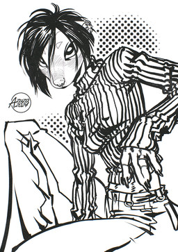 anthro bottomwear breasts clothed clothing dotted_background ear_piercing ear_ring facial_piercing female hair industrial_piercing looking_at_viewer medium_breasts mouth_closed nipple_outline nose_piercing nose_ring pants pattern_background piercing ring_piercing septum_piercing septum_ring short_hair simple_background sitting solo azuza domestic_ferret mammal mustelid musteline true_musteline weasel hi_res monochrome