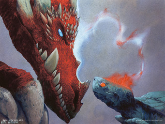 ambiguous_gender blue_body blue_eyes body_swap duo feral horn red_body red_eyes red_scales scales sharp_teeth shell simple_background size_difference teeth kev_walker hasbro magic:_the_gathering wizards_of_the_coast reptile scalie turtle 4:3 official_art traditional_media_(artwork)