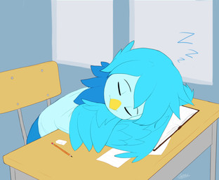anthro beak biped blue_body blue_feathers blue_hair book classroom clothing crossed_arms desk eraser eyes_closed feathers female furniture hair inside leaning leaning_forward paper pencil_(object) school shirt short_hair sitting sleeping smile solo sound_effects table text topwear vowelless vowelless_sound_effect window zzz vinael undertale_yellow martlet_(undertale_yellow) avian 2024 artist_name hi_res