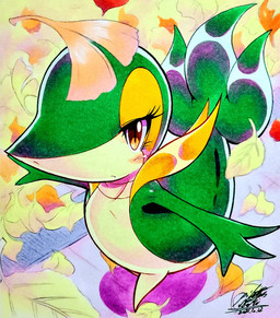 3_fingers ambiguous_gender anthro autumn blush blush_lines brown_eyes eyelashes feral fingers glistening glistening_body green_body leaf looking_forward markings mouth_closed multicolored_body neck_collar raised_tail short_legs solo t-pose tail tan_body walking yellow_eyelids 025aki nintendo pokemon generation_5_pokemon pokemon_(species) snivy hi_res signature