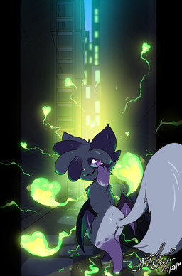 alley ambiguous_gender anthro bat_wings fur green_eyes membrane_(anatomy) membranous_wings purple_body purple_fur solo white_body white_fur wings gingy_k_fox domestic_cat felid feline felis mammal will-o'-the-wisp character_request