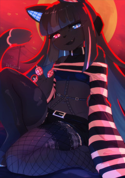 anthro bangs black_body black_bottomwear black_clothing black_collar black_fur black_hair black_harness black_legwear black_nose black_shorts black_stockings blue_eyes bottomwear claws clothing collar crop_top cute_fangs eyelashes fangs female fishnet_stockings fur grey_claws hair harness heterochromia kemono legwear long_hair long_sleeves looking_at_viewer moon navel open_mouth outside pattern_clothing pattern_topwear pawpads red_eyes red_sky shirt shorts sidelocks sitting sky solo stockings striped_clothing striped_topwear stripes teeth topwear vallshad domestic_cat felid feline felis mammal 2026 colored digital_drawing_(artwork) digital_media_(artwork) hi_res shaded