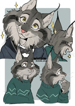 anthro clothing fur grey_body grey_fur male multiple_poses pose smile solo sparkles suit sweater topwear wintom disney zootopia pawbert_lynxley canada_lynx felid feline lynx mammal
