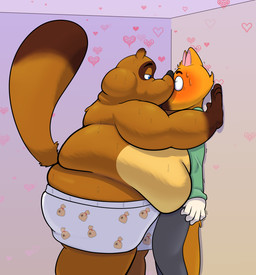 anthro blush bodily_fluids clothing duo hand_on_wall male male/male obese obese_anthro obese_male overweight overweight_anthro overweight_male pinned pinned_by_body pinned_to_wall size_difference sweat underwear weight_difference inflatingskunk animal_crossing nintendo crazy_redd tom_nook_(animal_crossing) canid canine fox mammal raccoon_dog tanuki hi_res