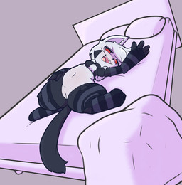 4_fingers anthro armwear bed black_armwear black_body black_clothing black_elbow_gloves black_gloves black_handwear black_legwear black_markings black_nose black_scarf black_tail black_thigh_highs clothing elbow_gloves facial_markings female fingers furniture genitals gloves grey_armwear grey_clothing grey_elbow_gloves grey_gloves grey_handwear grey_legwear grey_thigh_highs hair hand_on_leg hand_on_thigh handwear head_markings legwear lying markings navel pattern_armwear pattern_clothing pattern_elbow_gloves pattern_gloves pattern_handwear pattern_legwear pattern_scarf pattern_thigh_highs pointy_ears red_eyes scarf simple_background solo striped_armwear striped_clothing striped_elbow_gloves striped_gloves striped_handwear striped_legwear striped_scarf striped_thigh_highs stripes tail thick_thighs thigh_highs vulva white_body white_hair white_scarf defunctumbra umbra_(defunctumbra) felid feline mammal 2024 absurd_res hi_res