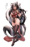 big_tail black_hair blush breasts clothed clothing female gas_mask gloves hair hand_on_hip handwear heart_symbol legwear long_tail looking_at_viewer mask open_mouth platter sash simple_background skimpy smile solo tail text thigh_highs tsuchiro animal_humanoid humanoid mammal mammal_humanoid mephitid mephitid_humanoid skunk_humanoid absurd_res hi_res japanese_text translated