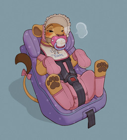 bib blue_background blue_eyes blush bonnet car_seat clothing diaper female feral fur handwear headgear headwear mittens object_in_mouth onesie pacifier pacifier_in_mouth paws simple_background solo tan_body tan_fur young skidoo disney the_lion_king nala_(the_lion_king) felid lion mammal pantherine hi_res