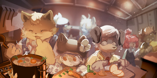 anthro cooking_pot eating female food fur group hair kemono male pawpads pink_hair smile soup tongue tongue_out white_hair yellow_body yellow_fur young mittrei cyberconnect2 fuga:_melodies_of_steel little_tail_bronx boron_brioche britz_strudel chick_montblanc socks_million wappa_charlotte canid canine caninu canis domestic_cat domestic_dog felid feline felineko felis mammal hi_res