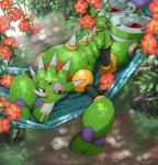 dessert flower food hammock ice_cream lying machine on_front outside plant zilch capcom mega_man_(series) mega_man_x_(series) sting_chameleon chameleon lizard reploid reptile robot scalie