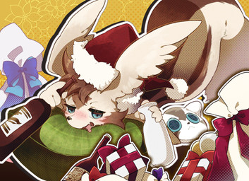 4_fingers alcohol beverage black_nose blue_eyes brown_body brown_fur cheek_tuft christmas_clothing christmas_headwear clothing detailed_background drunk facial_tuft feral fingers fur gift hat head_tuft headgear headwear holidays lying male on_front open_mouth pillow sake santa_hat solo substance_intoxication tan_body tan_fur tongue tuft nagi_onemu christmas nintendo pokemon numa_(ouroporos) generation_3_pokemon linoone pokemon_(species) 2023 hi_res