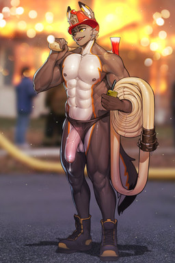 abs anthro armor axe balls big_penis biped bodily_fluids boots clothing dripping firefighter firefighter_helmet flaccid footwear foreskin fur genital_fluids genitals grey_body grey_fur headgear helmet hose huge_penis humanoid_genitalia humanoid_penis male melee_weapon multicolored_body multicolored_fur muscular muscular_anthro muscular_male orange_body orange_fur outside pecs penis precum precum_drip shoes solo vein veiny_penis weapon white_body white_fur yellow_eyes kambo canid canine mammal 2022 2:3 digital_media_(artwork) hi_res