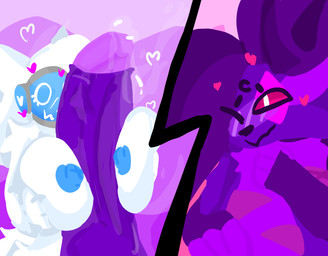 anthro big_breasts big_penis bodily_fluids breast_play breasts duo female fur genital_fluids genitals glans heart_symbol huge_penis humanoid_genitalia humanoid_penis hyper hyper_genitalia hyper_penis leaking_precum machine male male/female nipples owo penis precum purple_body purple_fur purple_penis sex titfuck vein white_body white_fur seacero canid canine fox mammal protogen hi_res lineless
