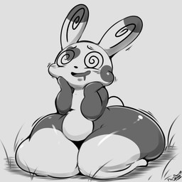 anthro black_nose female huge_thighs kneeling long_ears sitting smile solo spiral spiral_eyes spots text thick_thighs conditional_dnp digitaldomain123 nintendo pokemon generation_3_pokemon pokemon_(species) spinda 1:1 2026 absurd_res artist_name greyscale hi_res monochrome signature