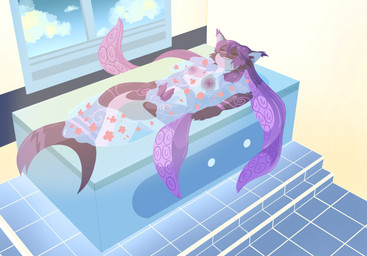 2_penises anthro balls bath bathing bathroom bathtub breasts diphallism eyes_closed fur genitals gynomorph hair horizontal_diphallism inner_ear_fluff intersex lying multi_genitalia multi_penis nude penis pseudo_hair purple_hair purple_penis solo tapering_penis tentacle_hair tentacles tuft karafuru mizu_tiago aquatic fish hybrid shark hi_res
