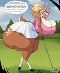 anthro big_breasts blonde_hair bottom_heavy bottomwear breasts cleavage clothed clothing female fluffy fluffy_tail golf_club green_eyes hair huge_breasts huge_hips huge_thighs hyper hyper_hips hyper_thighs piercing red_nose skirt solo tail thick_thighs wide_hips spiralingstaircase desiree_(spiralingstaircase) deer mammal new_world_deer reindeer 2025 digital_media_(artwork) hi_res