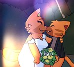 bottomless bouquet clothed clothing dress eyelashes fangs female fur male orange_body orange_fur polaroid_photo purple_eyes suit teeth wedding wedding_dress crushpepper peri_(crushpepper) pimento_(crushpepper) domestic_cat felid feline felis mammal better_version_at_paywall