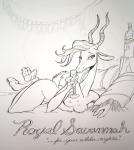 antelope anthro biped bovid breasts disney english_text female gazelle gazelle_(zootopia) glass hair hi_res looking_at_viewer lying mammal monochrome nipples nude pen_(artwork) solo text traditional_media_(artwork) vicky_wyman zootopia