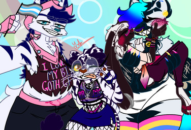 4_fingers anthro bisexual_pride_colors blush bridal_carry carrying_another choker clothing cowboy_hat demiboy_pride_colors demigirl_pride_colors demisexual_pride_colors fangs female female/female fingers gesture group hand_gesture hat headgear headwear jewelry kissing_cheek lesbian_pride_colors lgbt_pride male male/female necklace pansexual_pride_colors piercing pride_color_clothing pride_colors stripes teeth tongue tongue_out v_sign yarart lgbt_pride_month farasha_(yarart) naidvar xiora_(yarart) zoe_(yarart) arctic_fox canid canine canis felid feline fox lagomorph leporid mammal pantherine rabbit tiger true_fox wolf