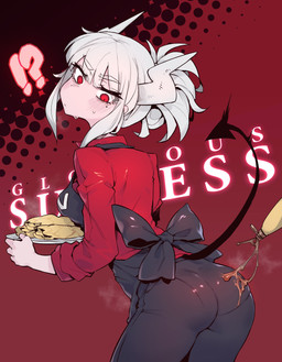 apron blush breasts butt clothing female hair horn not_furry red_eyes solo white_hair karasu_chan helltaker lucifer_(helltaker) demon demon_humanoid humanoid absurd_res hi_res