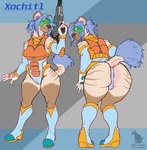 anthro big_butt butt camel_toe cyberpunk female ranged_weapon solo striped_body stripes weapon aromatic_hyena xochitl hyena mammal striped_hyena absurd_res hi_res model_sheet