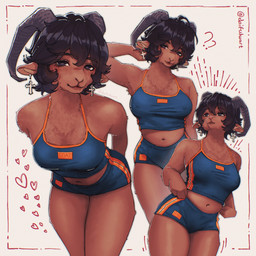 anthro athletic_wear biped black_hair bottomwear bra breasts clothing cross cross_ear_piercing cross_ear_ring cross_piercing female gym_bottomwear gym_shorts hair horizontal_pupils horn hotpants looking_at_viewer midriff piercing pupils shorts solo sports_bra standing underwear daifukuart bovid caprine goat mammal absurd_res hi_res