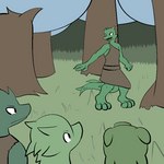 1:1 2014 ambiguous_gender anthro clothed clothing digital_media_(artwork) grass green_body green_skin group horn kobold lagotrope lizard outline plant pupils reptile scalie shirt slit_pupils story story_at_source story_in_description tgchan toga topwear tree yelling