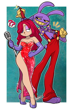 anthro armwear bomb bow_tie breasts cleavage clothed clothing cosplay crossover_cosplay doll dress duo dynamite elbow_gloves explosives female gloves hair hair_over_eye handwear male overalls question_mark rag_doll_(toy) red_clothing red_dress red_hair slit_dress centinel303 disney glitch_productions the_amazing_digital_circus who_framed_roger_rabbit jax_(tadc) jessica_rabbit ragatha_(tadc) roger_rabbit animate_inanimate humanoid lagomorph leporid living_doll mammal rabbit 2025 2:3 crossover hi_res