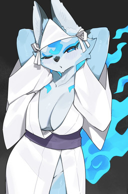 anthro asian_clothing big_breasts biped black_body black_fur blue_body blue_eyes blue_fur blush breasts cleavage clothed clothed_anthro clothed_female clothing countershade_torso countershading east_asian_clothing eyelashes female fire front_view fur hands_behind_head japanese_clothing kimono looking_at_viewer narrowed_eyes one_eye_closed simple_background solo standing kame_3 yuurei-chan canid canine fox mammal 2026 digital_drawing_(artwork) digital_media_(artwork) hi_res